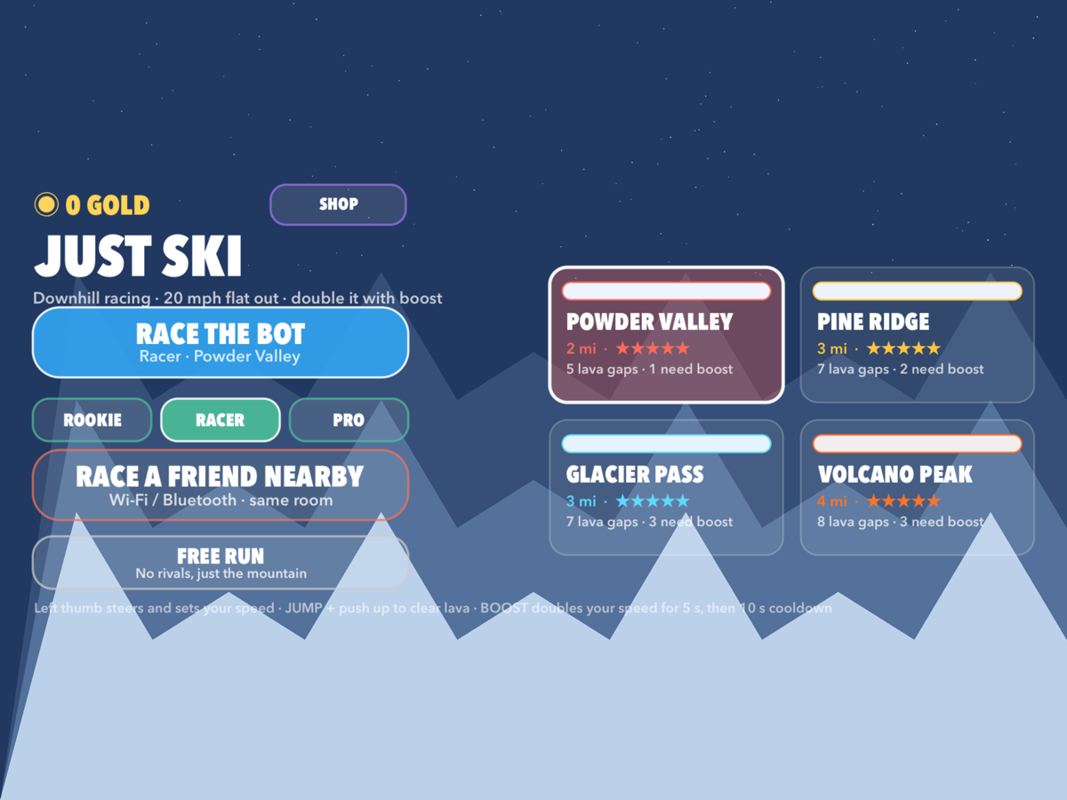 JustSki home screen on iPad showing the mountains and modes