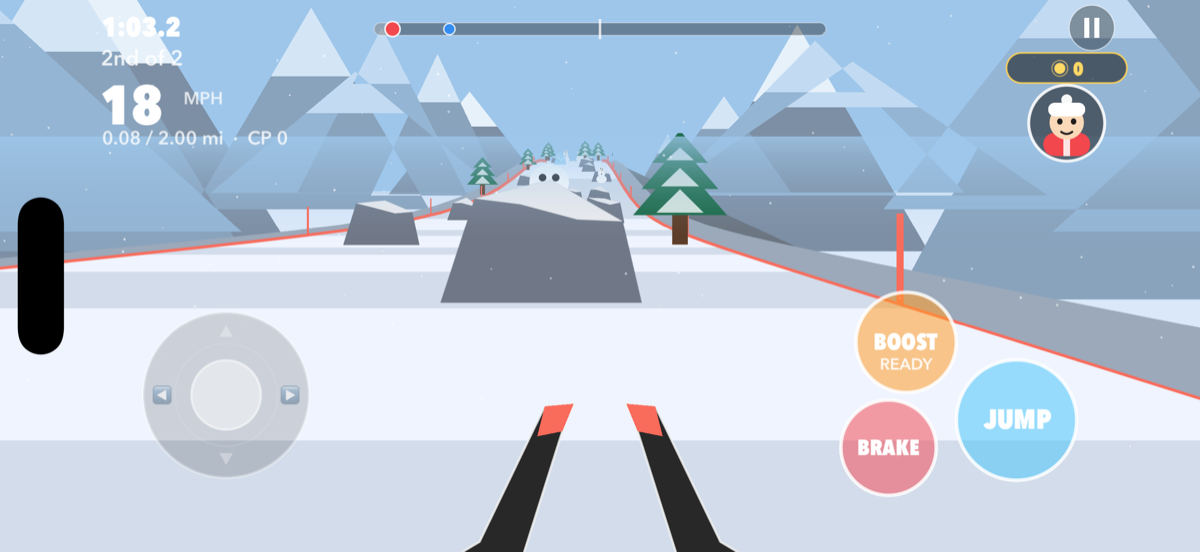 First-person view of the piste with gates and edge poles ahead