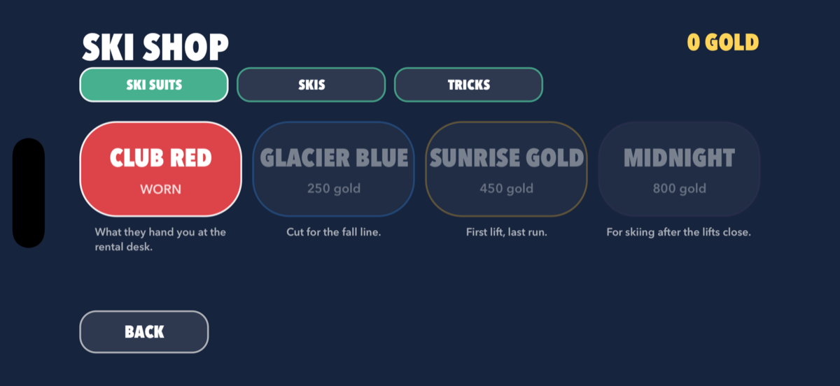 The ski shop showing four ski suits with gold prices